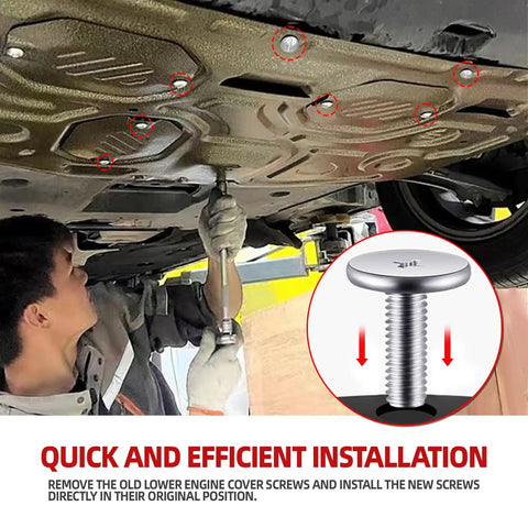 A mechanic installing 8Pcs Badass Rust Resistant Engine Splash Shield Hardware Kit with lower cover pin screws under a vehicle.