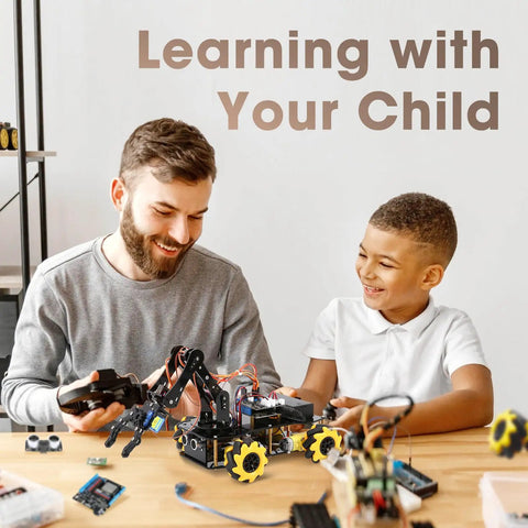 Programmable Robotic Arm Kit With 5DOF For Kids And Teens, ESP32 Arduino Python Blockly Coding, App Control And Remote, STEM DIY Gift For Ages 8-16 And Up, Learn To Grab, Lift, And Place Objects, man and boy using kit
