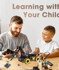 Robot Arm Expansion Pack Kit For Kids And Teens App Controlled ESP32 Powered Coding And STEM Robotics With 16 Progressive Tutorials And Teacher Ready Plans For Home School And Classroom All Around Fun, parent and child with black metal robot arm