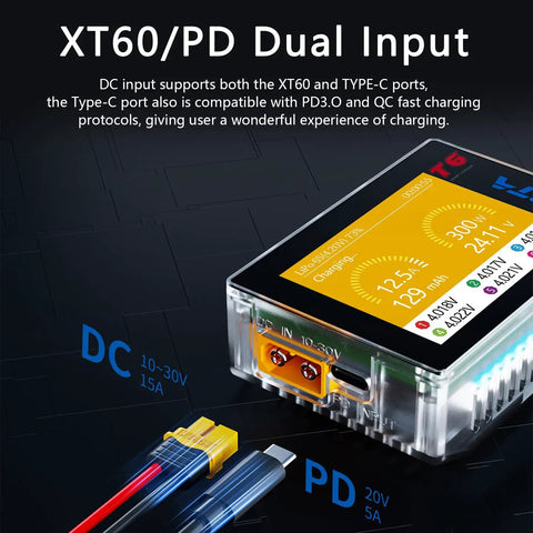 Beast RC LiPo Charger For 1S To 6S Batteries, 300W 15A Smart Charger With XT60 And PD Dual Input detail view of inputs