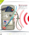 RFID Blocking Stash Neck Wallet And Travel Pouch Passport Holder For Women And Men Slim Two Layer Security Wallet In Taupe Color For Safe Travel And Everyday Carry Essentials, showing passport and cards secured.