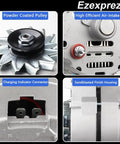 High Output 120A One Wire Self Exciting Alternator For 12V Systems showing pulley, air-intake, connector, and housing details
