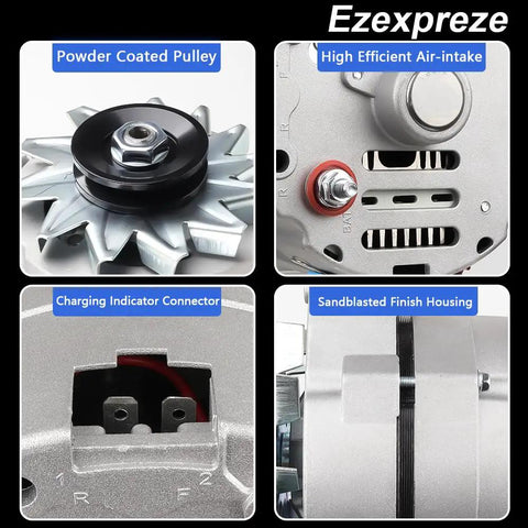 High Output 120A One Wire Self Exciting Alternator For 12V Systems showing pulley, air-intake, connector, and housing details