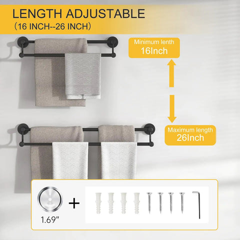 Adjustable 16 To 26 Inch Double Bath Towel Bar For Bathroom SUS304 Stainless Steel Towel Holder Hotel Style Wall Mount Matte Black
