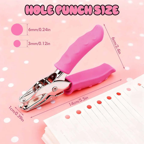 Two Size Single Hole Punch Set With One Quarter Inch And One Eighth Inch, handy pink soft grip handheld paper punch on pink background