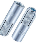 Close-up of 1/2-inch knurled drop-in anchors, zinc plated carbon steel, for solid concrete, Twenty Pack One Half Inch Thirteen Drop In Anchors Knurled.