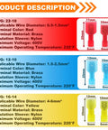 Diagram detailing 112 Piece Nylon Spade Connector Kit With Quick Disconnects, color coded for 22-18, 12-10, 16-14 AWG.