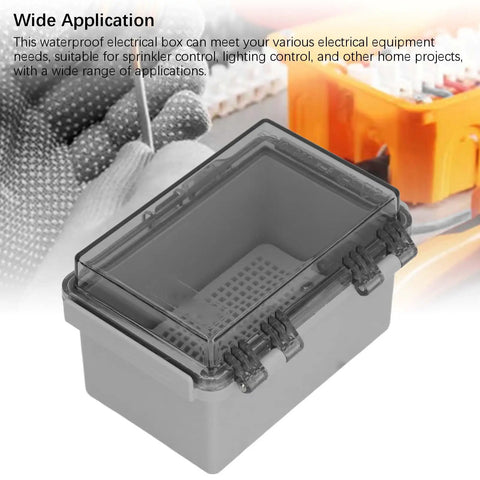 Heavy Duty ABS Electrical Enclosure Box With IP67 Waterproof Rating For 100x150x90mm Distribution Setup shown with transparent lid.