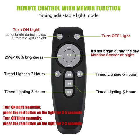 Remote control for Beast Bright 3200W Solar Street Light With Dusk To Dawn And Motion Sensor, features timing and brightness settings.