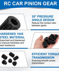 Diagram highlighting features of Two Pack 1.5 Mod Pinion Gear 12 Teeth 10mm Bore Hardened 1045 Steel for RC cars and spur gear upgrades.