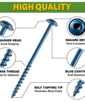 Close-up of a zinc coated blue pocket hole screw showing washer head, square drive, coarse thread, anti-rust features, and self-tapping tip.