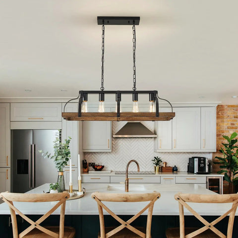 Five Light Metal Chandelier With Imitation Wood Grain Finish over kitchen island, rustic farmhouse style with black and retro wood vibe