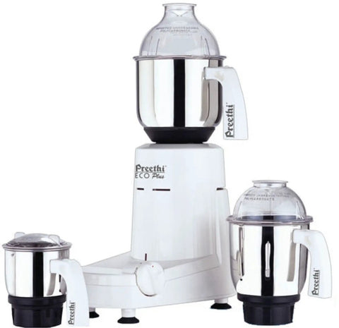 Eco Plus Mixer Grinder 110 Volt For USA And Canada with 550 Watt Motor featuring 3 stainless steel jars with flow breakers displayed in white.