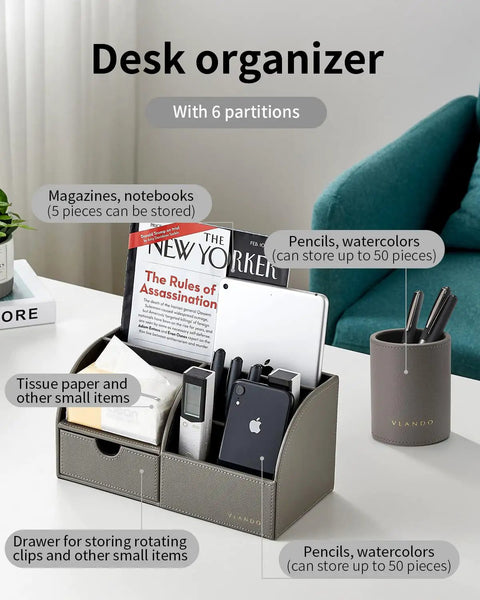 Dope PU Leather Desk Caddy Organizer Set With Drawer And Pen Holder, gray 2-piece desk storage with magazine and pen compartments.