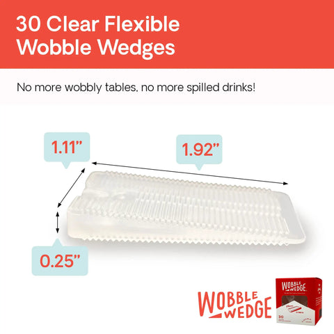 Pack of 30 clear flexible plastic leveling shims and box with size dimensions for home improvement and furniture stabilization.