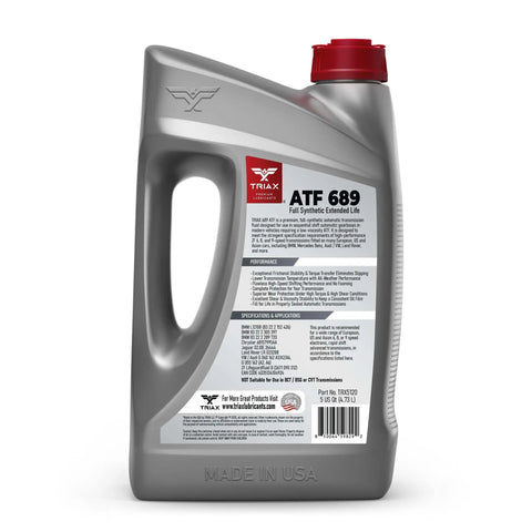 ATF 689 Full Synthetic Transmission Fluid for ZF 6HP 8HP 9HP Automatic Transmissions 5 Quart bottle back view