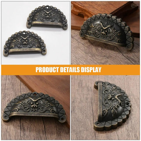Old School Antique Bronze Lion Head Cabinet Handles Two Pack With Half Round Drawer Pulls for rustic furniture hardware display.