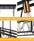 Collage showing details of Industrial Kitchen Island Pendant Light Fixture with Black Metal Cage and Brass Gold Accents