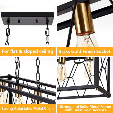 Collage showing details of Industrial Kitchen Island Pendant Light Fixture with Black Metal Cage and Brass Gold Accents