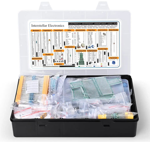 Ultimate Electronics Component Kit With Resistors, Capacitors, Inductors, Diodes, Transistors, Potentiometers, ICs, LEDs, PCBs And LCR Tester 2200 Pieces in open storage case.