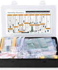 Electronic Component Kit With Resistors Capacitors Inductors Diodes Transistors Potentiometers ICs LEDs PCBs And LCR Tester 2200 Piece Assortment For DIY Electronics Projects Makers And Pro Hobbyists in open case with organized parts.
