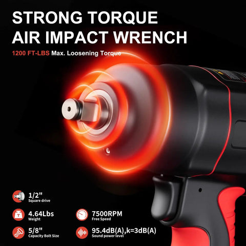 Heavy Duty 1/2 Inch Air Impact Wrench With Killer 1200 Ft Lb Torque And Twin Hammer Design showing power and torque details.