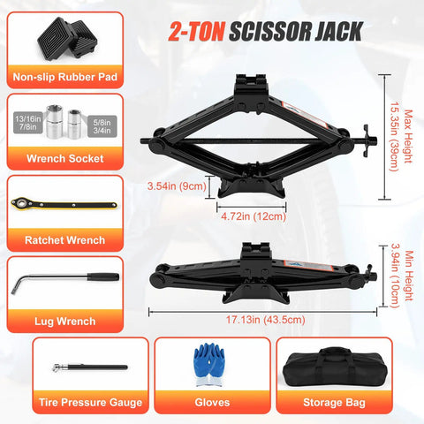 Heavy Duty Two Ton Scissor Jack With Four Thousand Four Hundred Nine Lb Capacity And Dual Rubber Grip Pads Built For No Sweat Low Clearance Suv Or Sedan Work with dimensions and accessories.