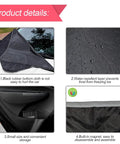 Product details showing features of Universal Windshield Snow Cover For Cars, Trucks And Vans, Waterproof And Windproof Frost And Ice Removal Sunshade With Side Mirror Covers, Fits Most Sedans And SUVs, Measuring 51.18 By 83.07 Inches For Quick, Hassle Free Winter Protection; images include rubber cloth, water-repellent layer, storage, and magnet.