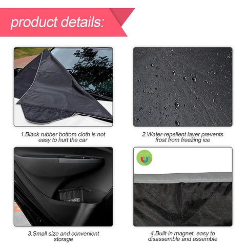 Product details showing features of Universal Windshield Snow Cover For Cars, Trucks And Vans, Waterproof And Windproof Frost And Ice Removal Sunshade With Side Mirror Covers, Fits Most Sedans And SUVs, Measuring 51.18 By 83.07 Inches For Quick, Hassle Free Winter Protection; images include rubber cloth, water-repellent layer, storage, and magnet.