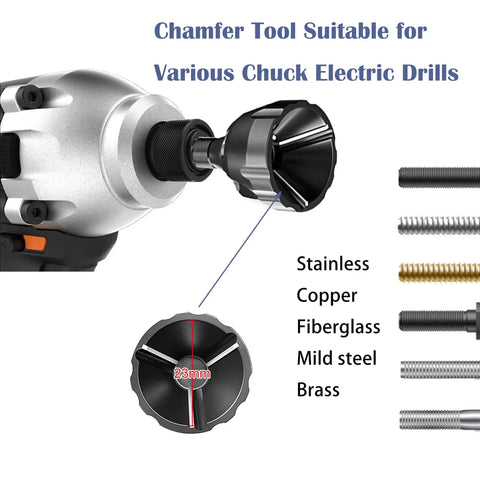 Close-up of two pack metal burr removal tool set with dual chamfer tools attached to electric drill for quick burr removal.