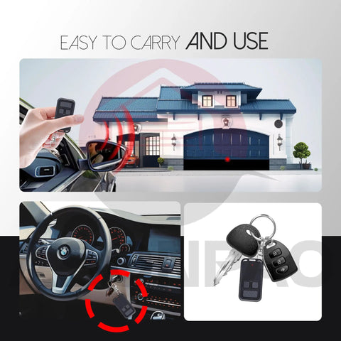 Universal Garage Door Opener Remote 893Max 890Max in use, hand holding remote, compatible with major openers, easy install.