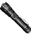 Black Rechargeable LED Flashlight 20000 Lumen XHP70 Quad Core Handheld Torch with blue power button and clip