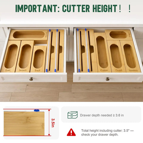 Premium Bamboo Kitchen Drawer Organizer With Five Slots For Snack Quart And Gallon Bags Plus Foil And Wrap Holder To Keep Your Drawers Totally Clutter Free And Ready To Go