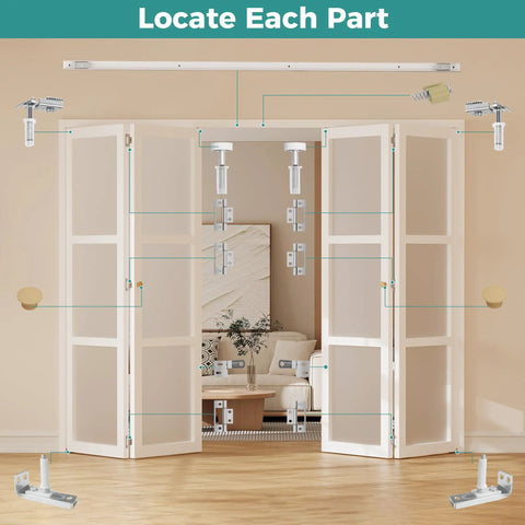 Heavy Duty Bifold Door Hardware Kit With Two 36 Inch Tracks For 72 Inch Closet Doors labeled parts diagram inside a home.