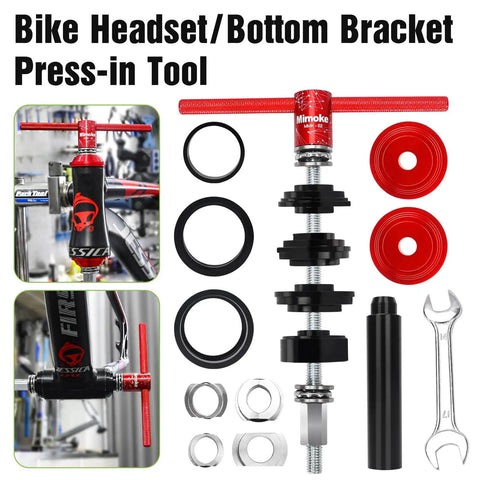 Pro Grade Bicycle Bottom Bracket Install And Removal Tool Kit with CNC aluminum handle and bearing press components.
