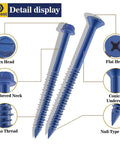 Concrete Screw Assortment Kit With Drill Bit, 300 Pieces, 8 Sizes Including 1 Quarter Inch And 3 Sixteenth Inch, detail of screw features