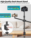 Image of Overhead Desk Mount for Cameras with Flexible Boom Arm holding a camera, showing 2-layer height adjustment and desk clamp.