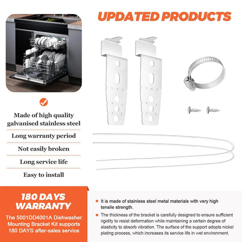 Under Counter Dishwasher Mounting Bracket Kit 2 Pack Replacement Fits LG Samsung GE Whirlpool And More Adjustable Cut To Fit Length For Under Counter Cabinets No Fuss Easy Install 180 Day Warranty shown with parts and dishwasher