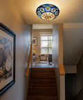 Three Light Tiffany Style Ceiling Fixture, 16 Inch Stained Glass Flush Mount in a hallway with blue glass design