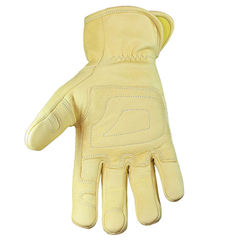 Kevlar Lined Leather Ground Utility Work Gloves For Men, Tan, X Large, showing palm design, Rugged Grip For Tough Jobs.