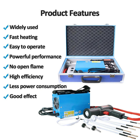 Heavy Duty 1500W Magnetic Induction Heater For Rust Eaten Bolts Stuck Screws And Seized Bearings Plus Fast 800 Degree Bolt Nut Seizer Remover With Rugged Gear Case in blue carrying case with tools.