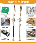 Solid Helping Hand Clamp For Soldering And Electronics Repair Work With Adjustable Alloy Steel Arms, shown with jewelry and PCB.