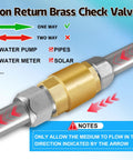 Brass NPT inline check valve, side-angle view on metal pipe, one-way backflow preventer