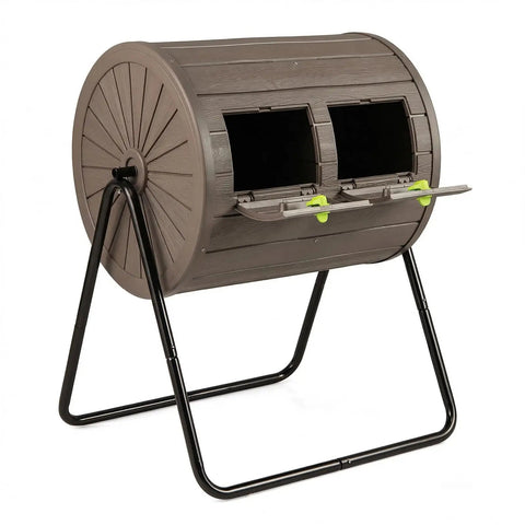 Dual Chamber Compost Bin With 360 Degree Rotating Tumbler 37.5 Gallon Outdoor Bin On Sturdy Metal Stand Lockable Doors BPA Free Plastic