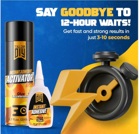 Ultra Strong Instant Glue With Activator Set Pro Grade Two 1.76 Oz And Two 6.76 Fl Oz Activator packaging with stopwatch graphic