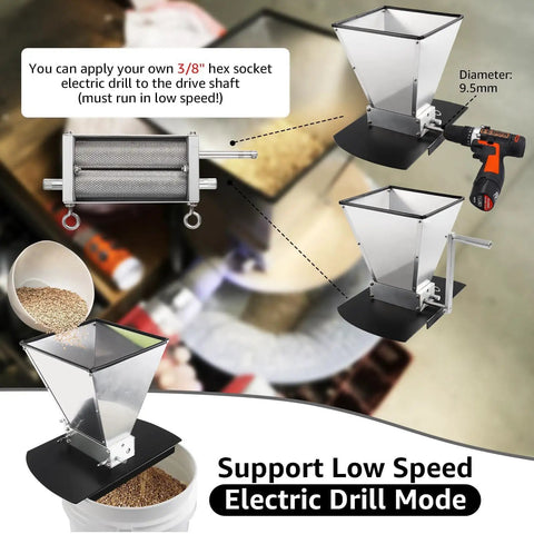 Homebrew Malt Mill Grain Crusher With Adjustable Roller Gap Manual Metal Grinder Stainless Steel Two Bearing Roller And Crank Handle Fits Low Speed Drill For Wheat Barley Beer Brewing setup with drill attachment.