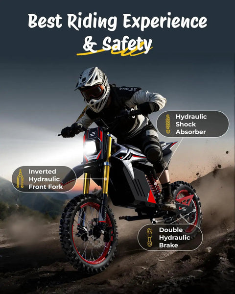 Power Packed 3500W Peak Electric Dirt Bike for Teens and Adults in action with hydraulic brakes and dual suspension on dirt trail