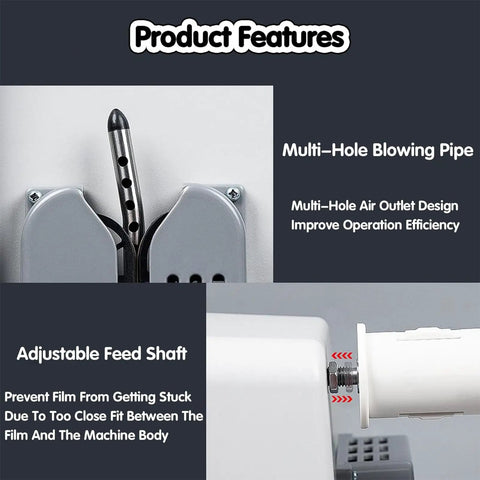 Dang Fast Portable Air Pillow Maker features multi-hole blowing pipe and adjustable feed shaft for efficient cushioning system.