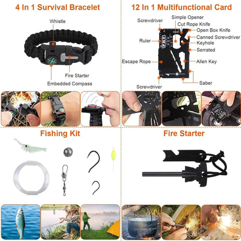 125 In 1 All In One Survival Kit For Men Outdoor Gear With First Aid Supplies Emergency SOS Tactical Tools including survival bracelet, multifunctional card, fishing kit, fire starter