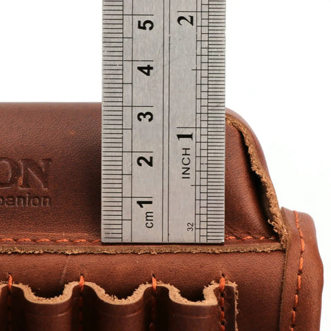 Close-up of ruler measuring Genuine Leather Buttstock Cheek Rest With Rifle Shell Holder And Quick Access Ammo Slot Rugged Huntin Gear